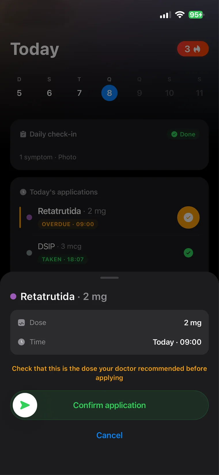 Confirmação de aplicação de peptídeo com dose e horário