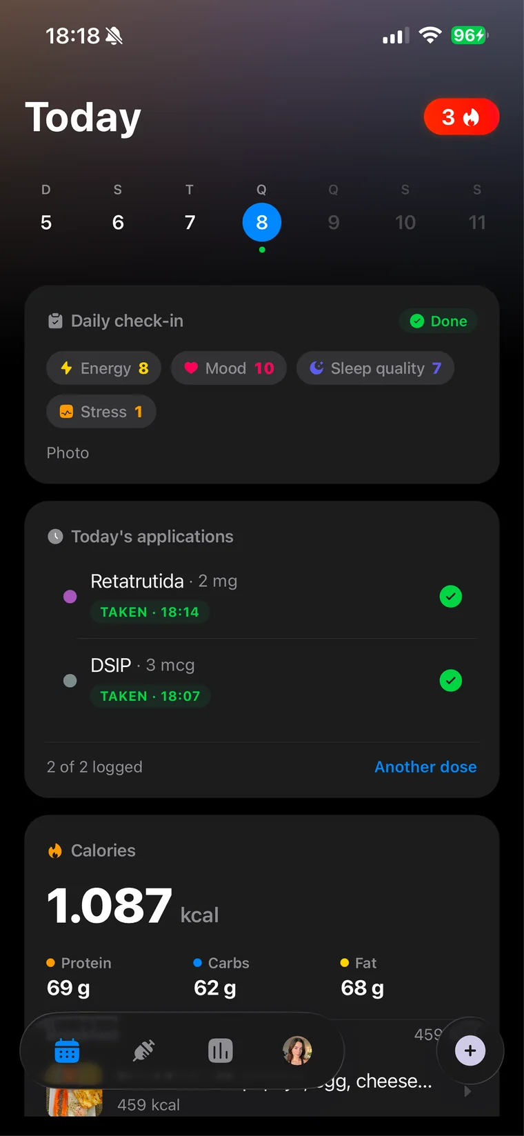Tela inicial do PepPro com check-in diário e aplicações do dia